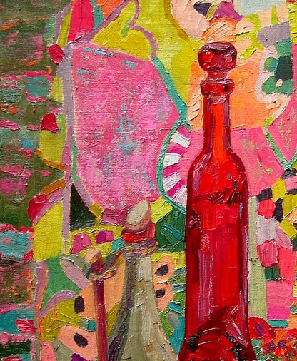 Oil painting still life with vibrant red glass bottle by Tatyana Shulyak