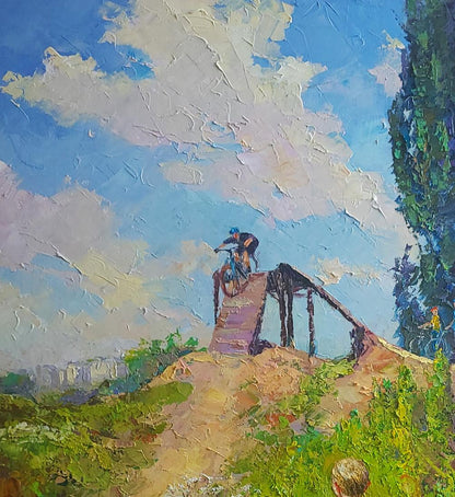 Oil painting Freeride by Boris Serdyuk: mountain biker in blue gear on wooden ramp under textured sky