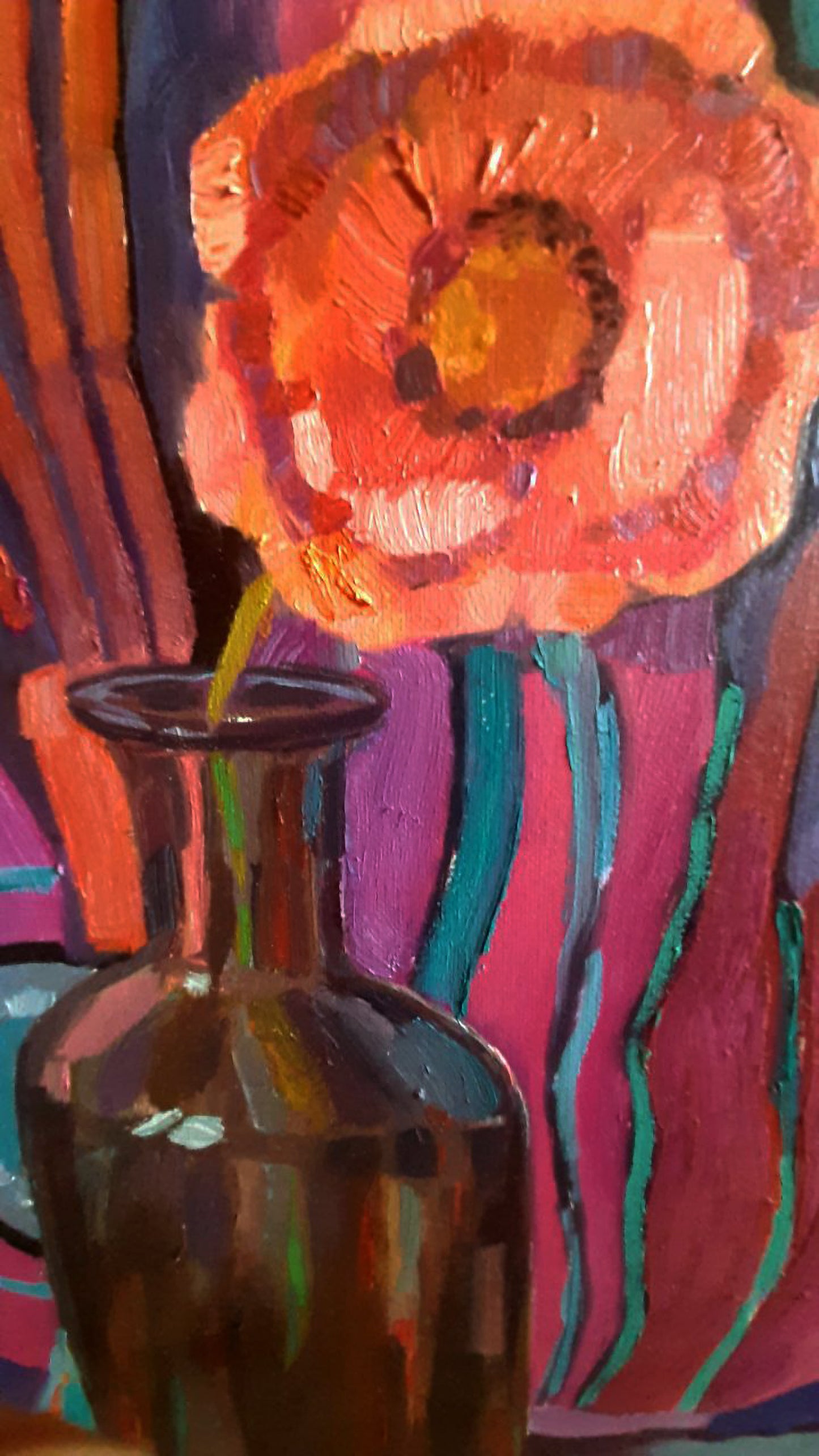 Oil painting by Tetyana Shulyak: orange poppy in brown glass vase