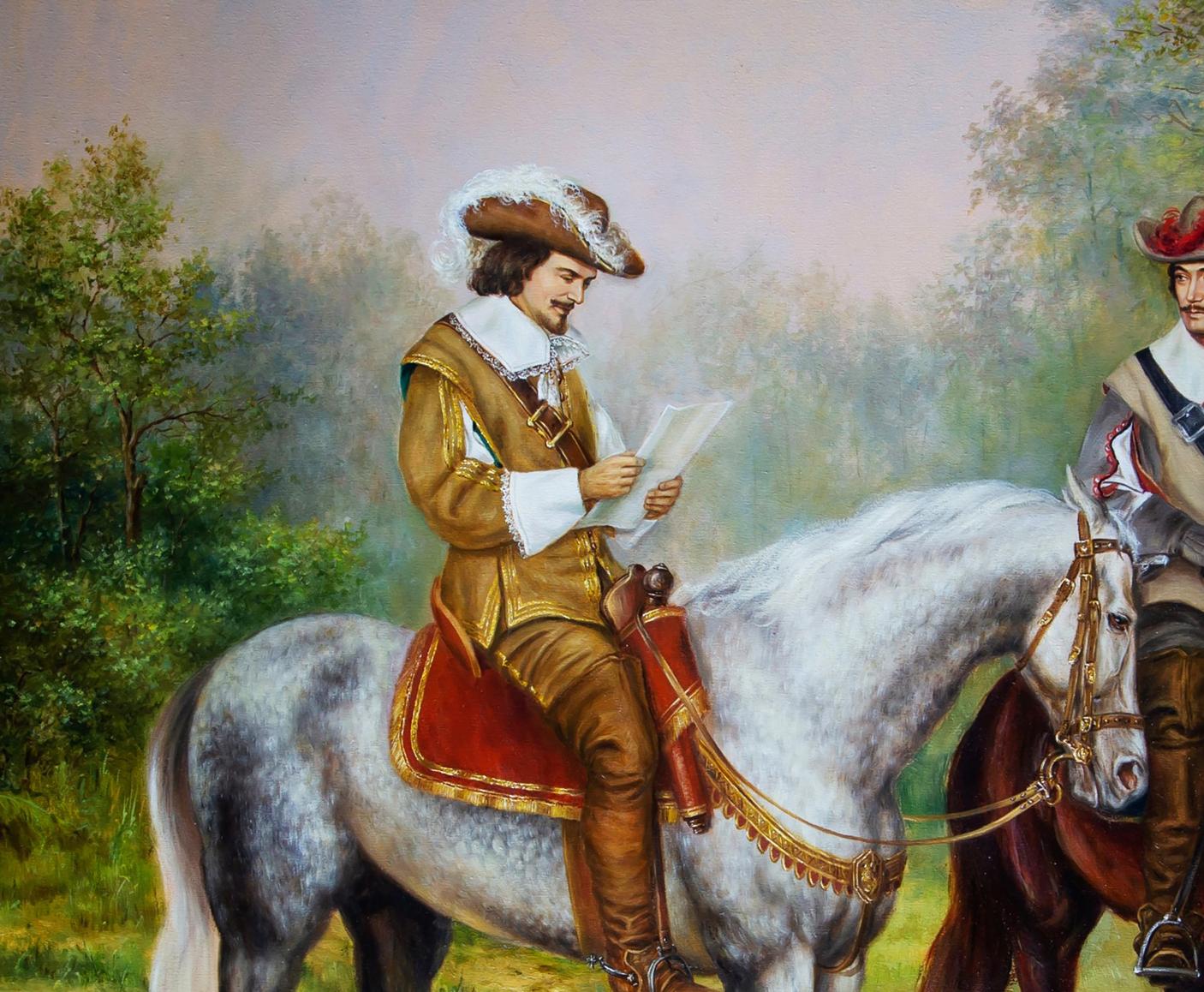 Oil painting Letter from the Queen Valeriy Bulat: man in ornate riding outfit on dapple gray horse