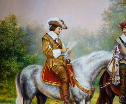 Oil painting Letter from the Queen Valeriy Bulat: man in ornate riding outfit on dapple gray horse