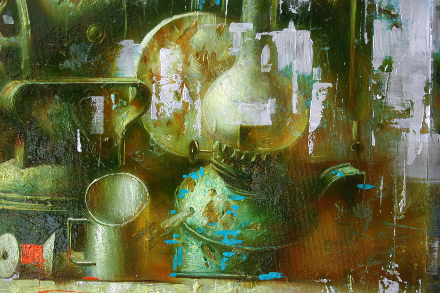 Oil painting of weathered greenish teapot by Alexander Dobrodiy