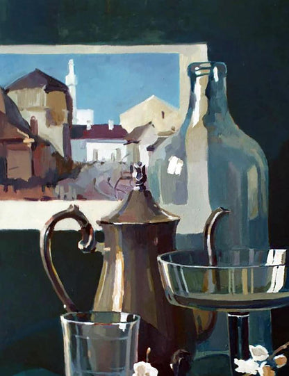 Oil painting of ornate metallic coffee pot with curved handle by Anastasia Yaroshevich