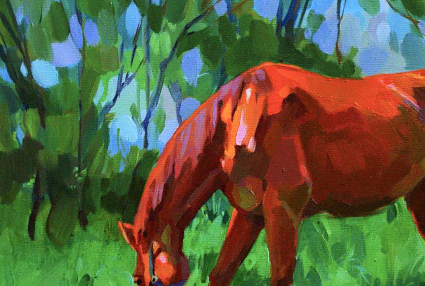 Oil painting Out to Pasture by Anastasia Yaroshevich: orange horse grazing