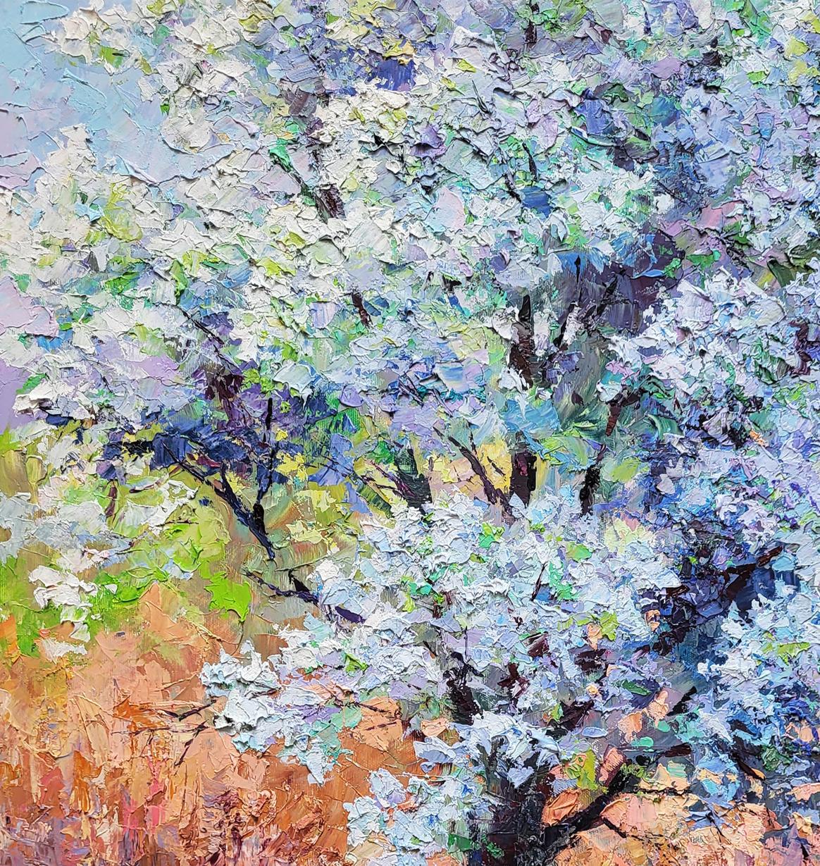 Oil painting of pear blossoms by Boris Serdyuk, textured white flowers