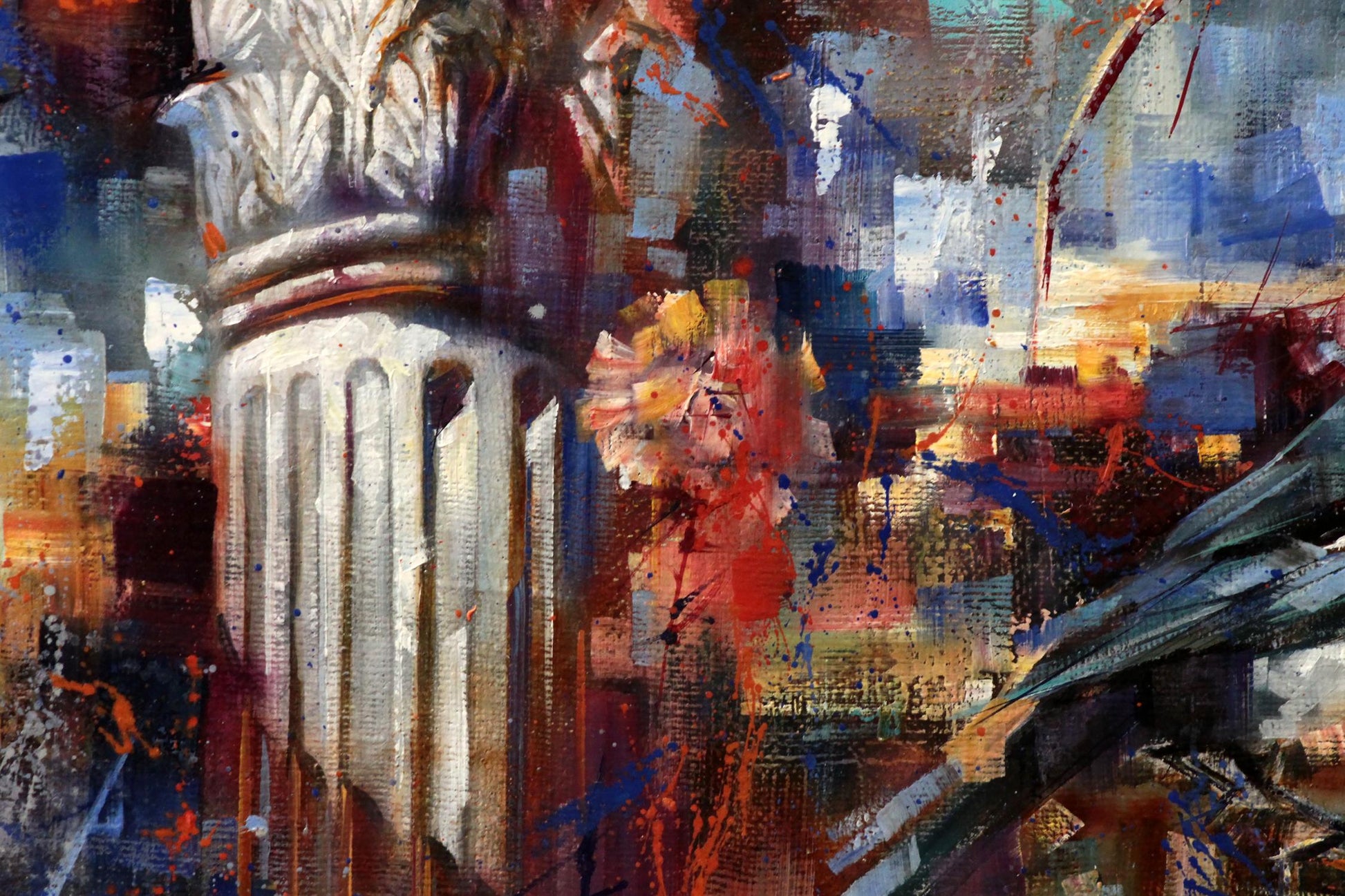 Oil painting Capital by Alexander Dobrodiy: fluted column on vibrant abstract background