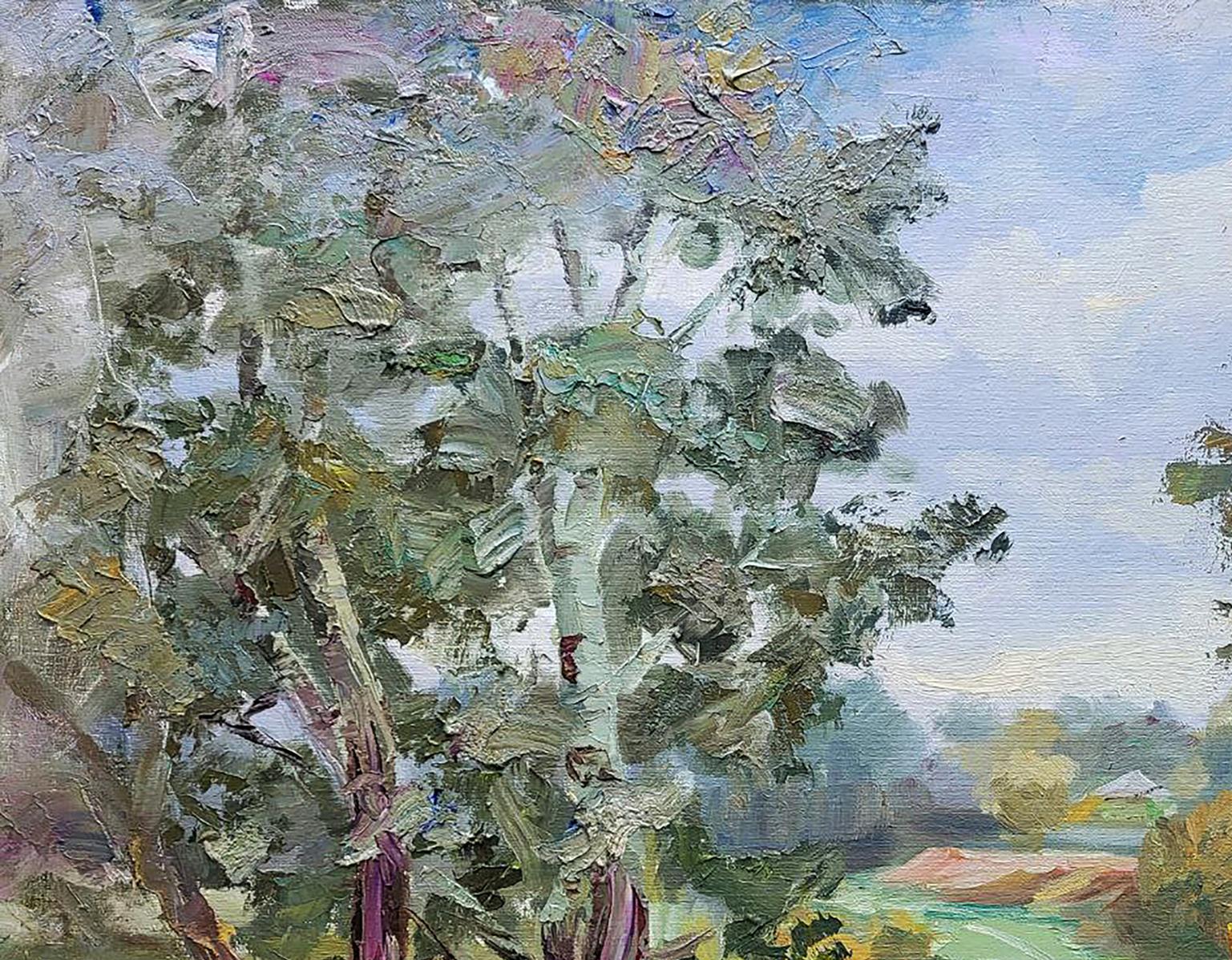 Oil painting of silver poplars by Boris Serdyuk, textured green tree