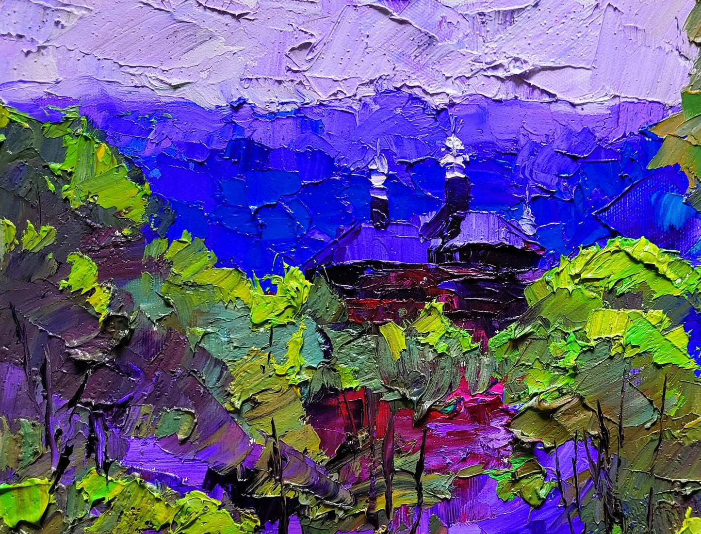 Oil painting of dark wooden church by Boris Serdyuk, purple sky