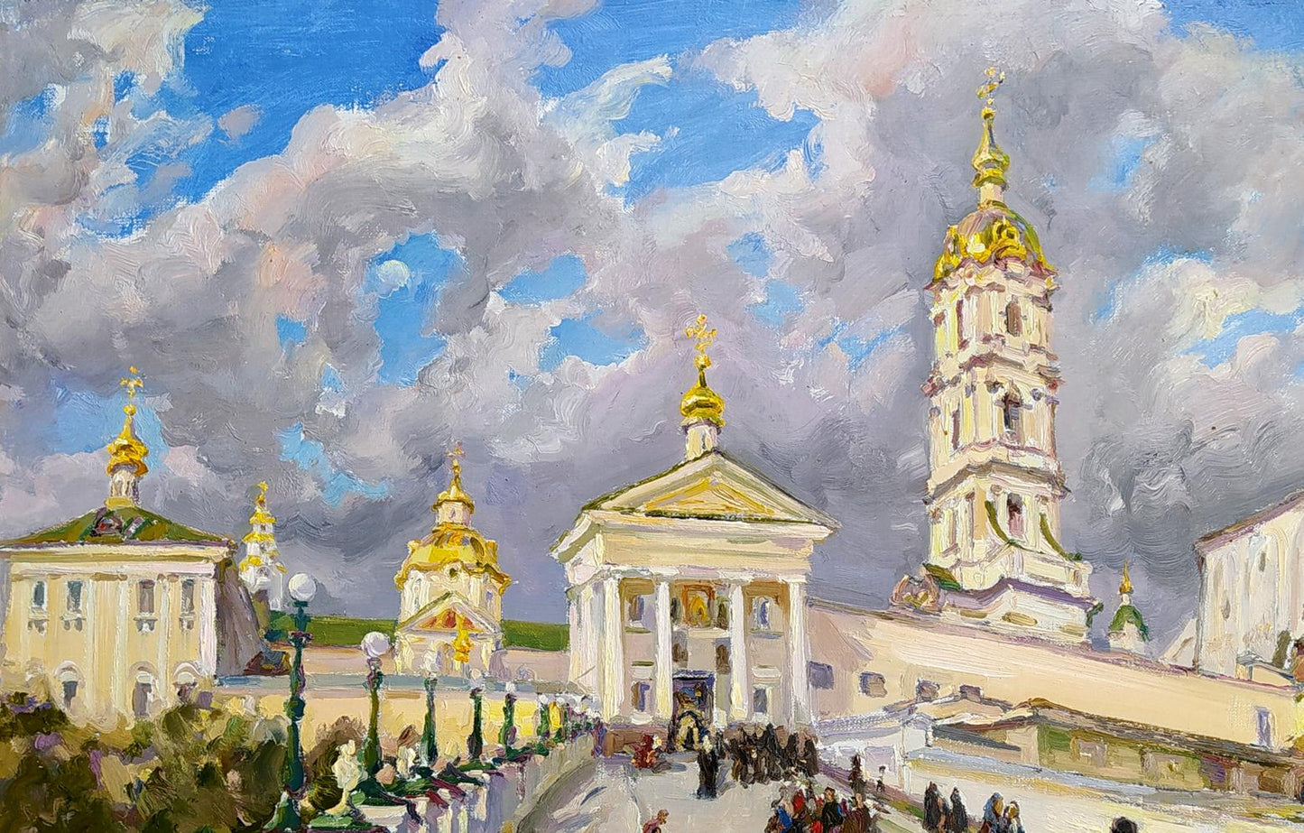Oil painting Entrance to the Lavra by Leonid Pavlenko cathedral with golden domes