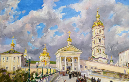 Oil painting Entrance to the Lavra by Leonid Pavlenko cathedral with golden domes