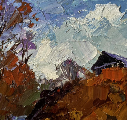 Oil painting House on the Hill by Boris Serdyuk, textured orange brown brushstrokes