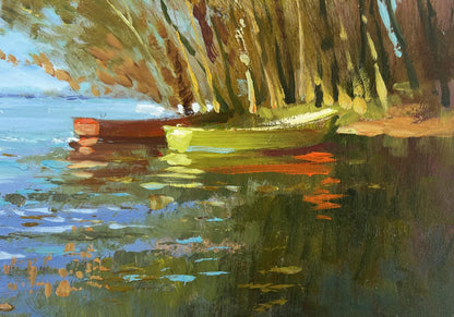 Oil painting of two rowboats on calm water under trees by Yuriy Suprunchuk