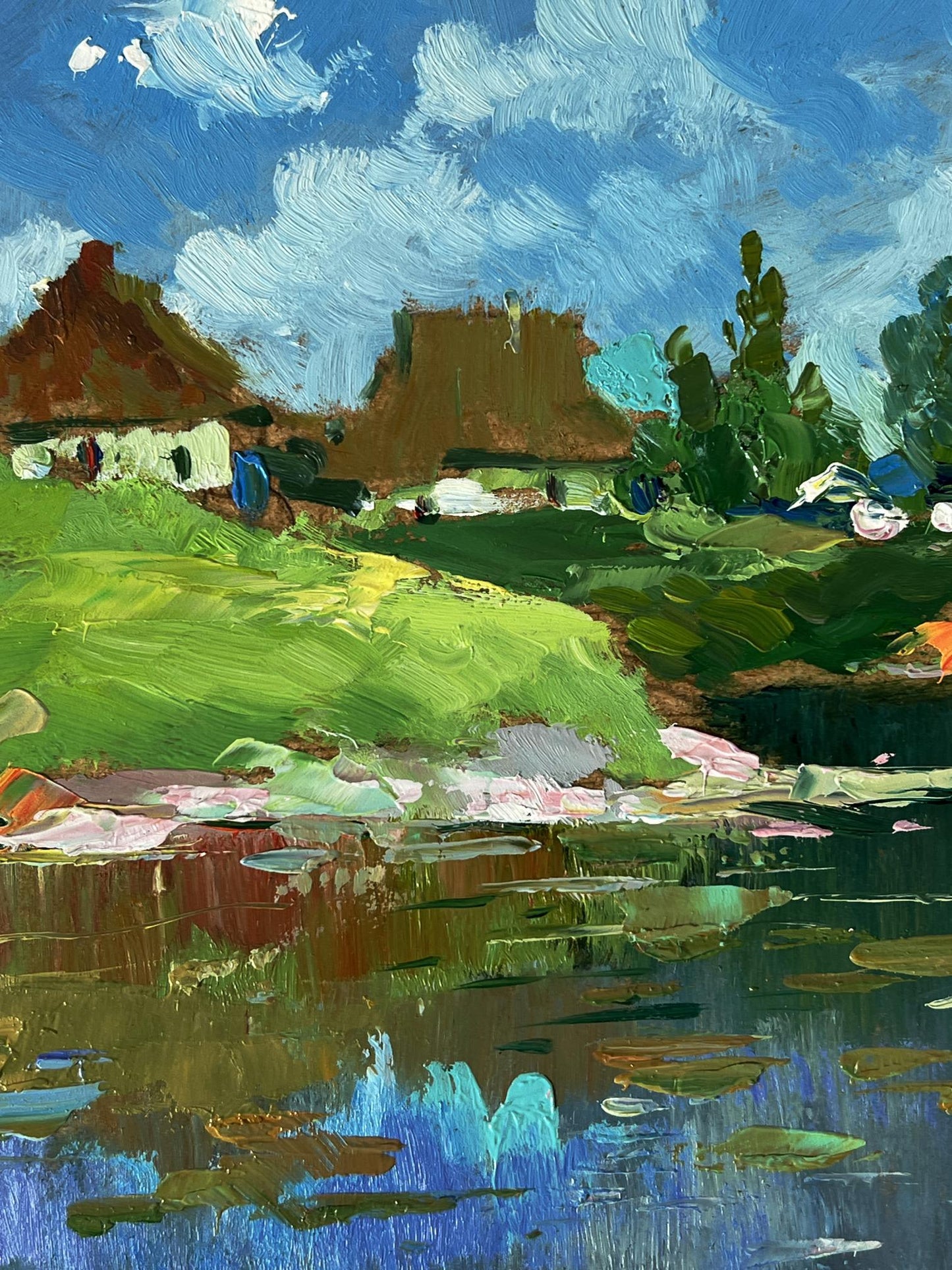Vibrant impressionist oil painting of Yuriy Suprunchuks river near village