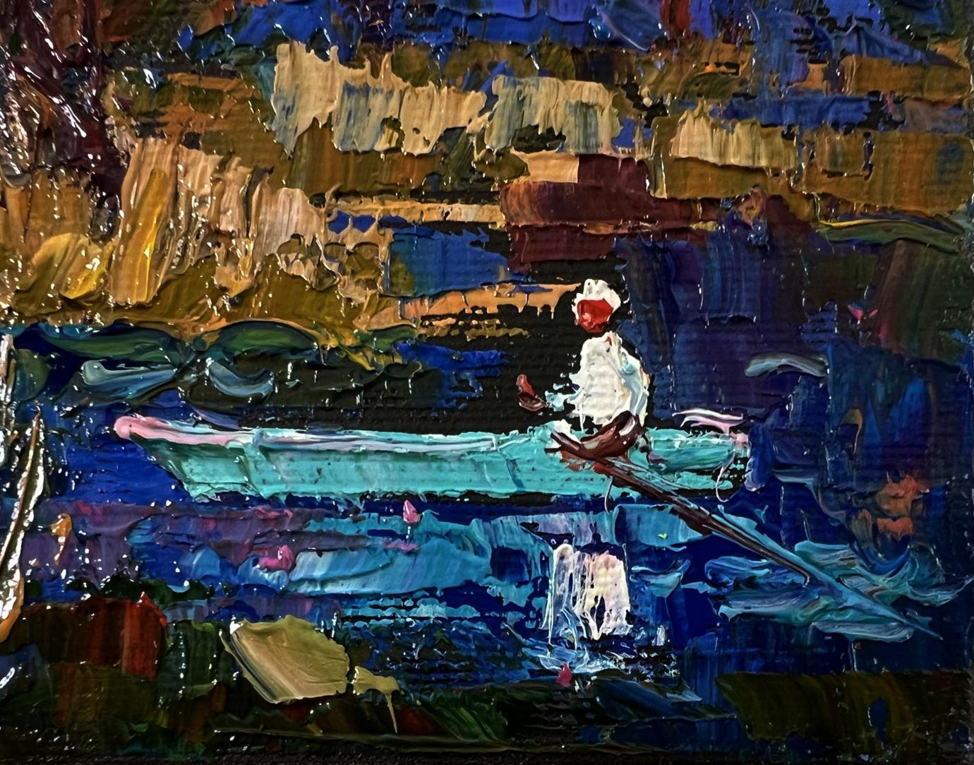 Oil painting Boat in the swamp by Oksana Ivanyuk, textured impressionist figure on teal boat