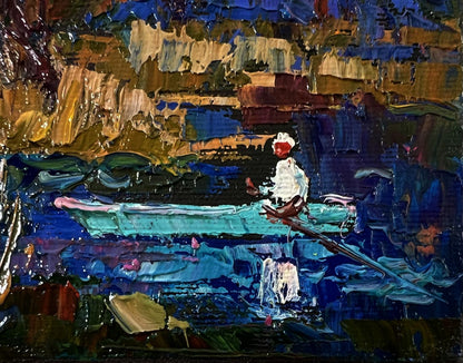 Oil painting Boat in the swamp by Oksana Ivanyuk, textured impressionist figure on teal boat