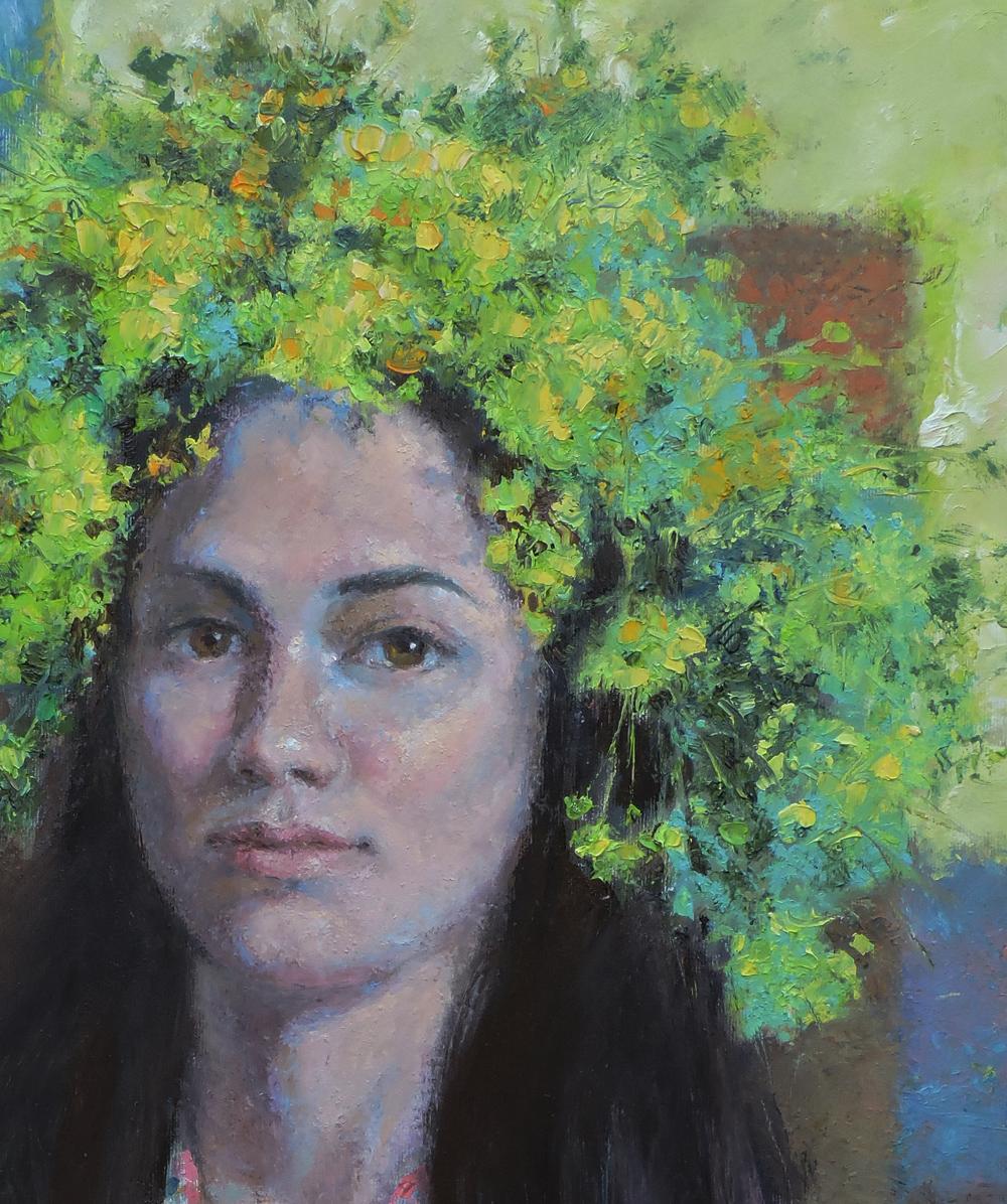 Oil painting portrait of girl with vibrant green yellow floral crown by Oksana Osnach