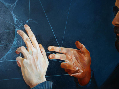 Oil painting by Gemarmen Konsta G. Amelinn: two hands weaving blue threads