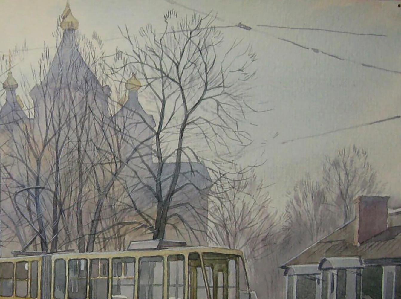 Yellow tram with dark windows under bare trees watercolor by Valery Savenets