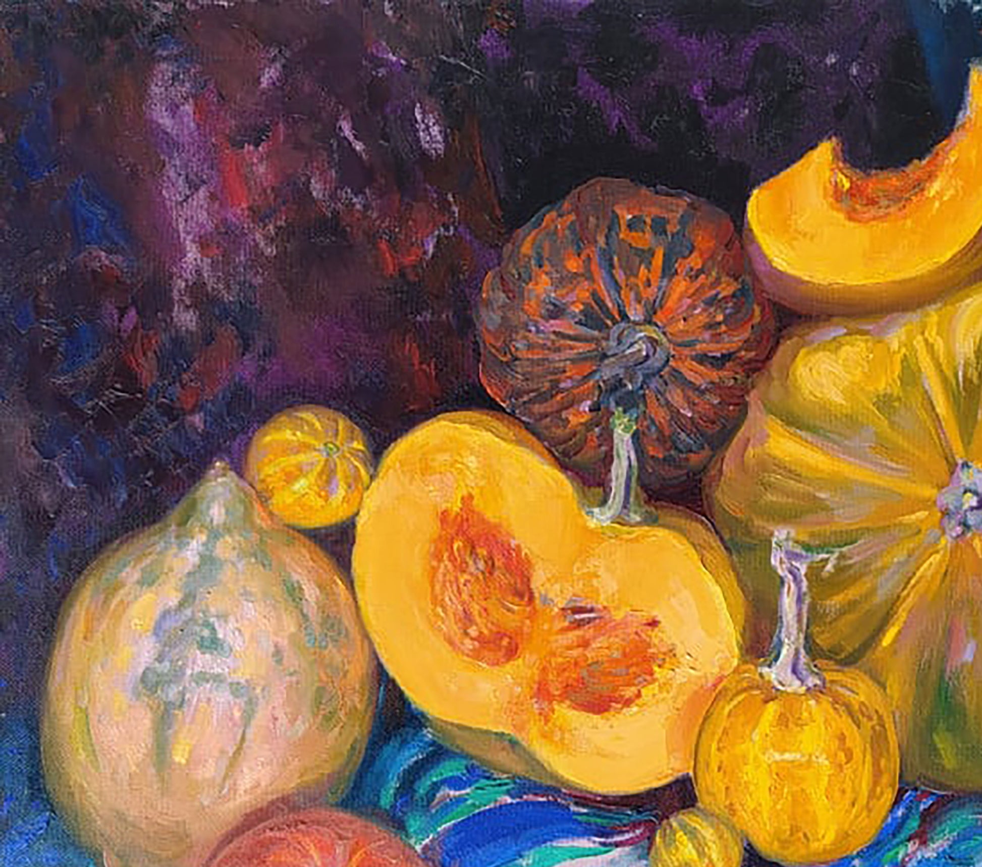 Oil painting Pumpkin harvest by Leonid Pavlenko with colorful textured pumpkins