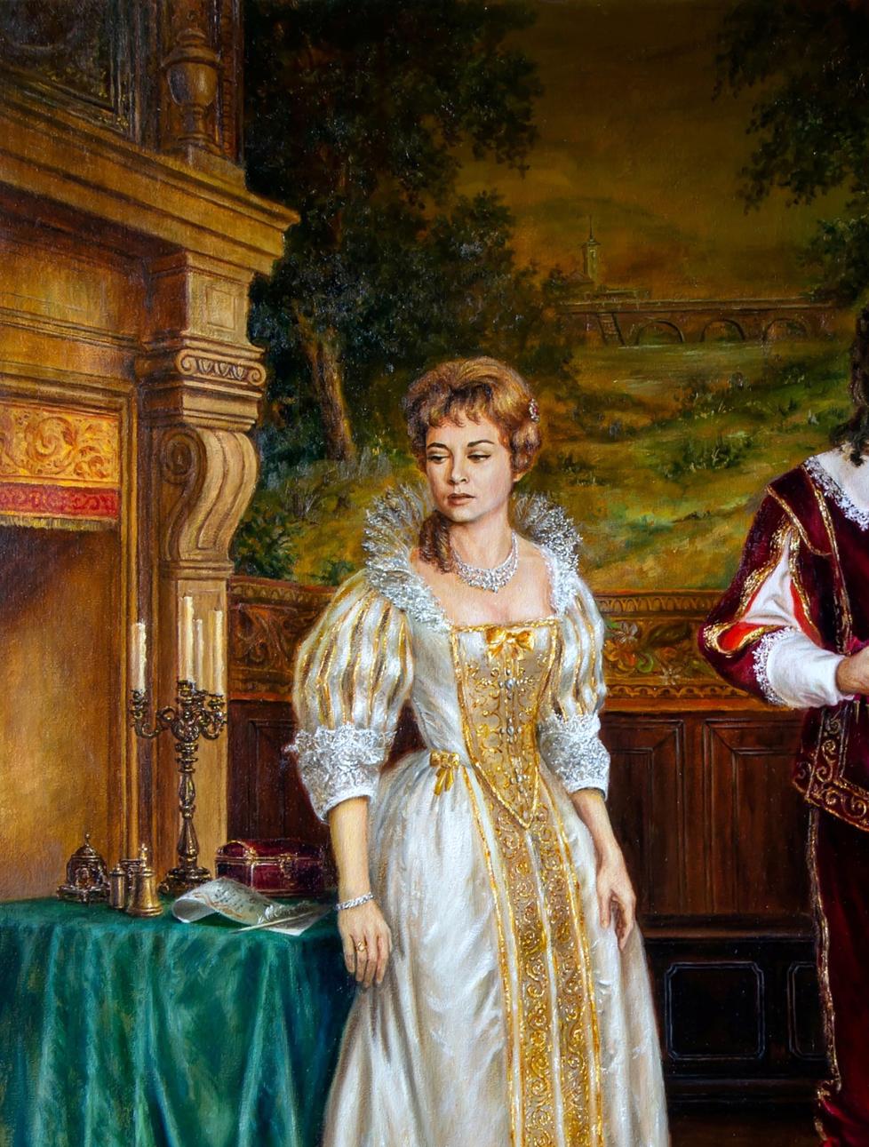Oil painting of woman in ornate white gold renaissance gown by Valeriy Bulat