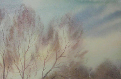 Watercolor painting of winter morning bare trees by Valery Savenets