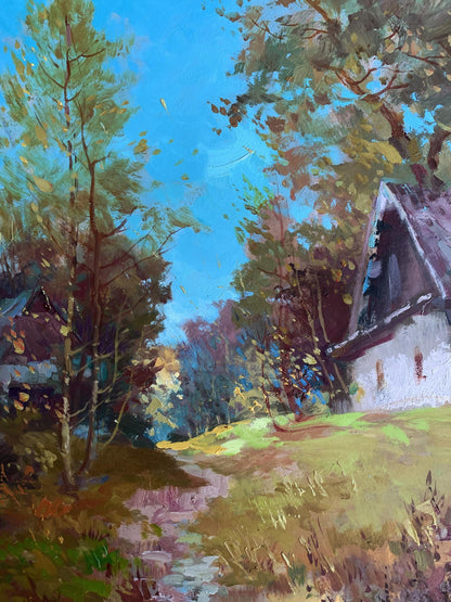 Oil painting by Yuriy Suprunchuk: rustic white cottage among autumn trees