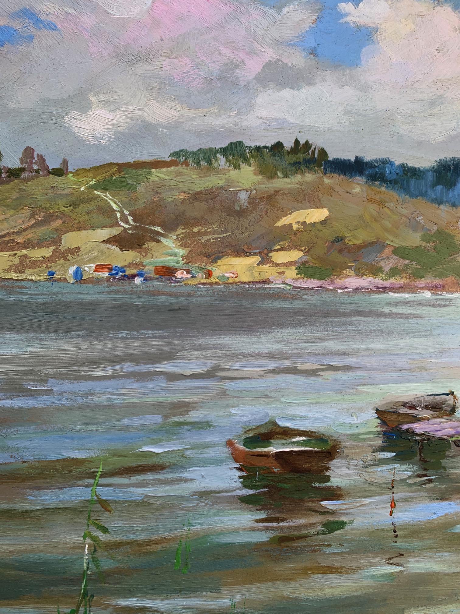 Rustic wooden rowboat with green interior in Yuriy Suprunchuk oil painting