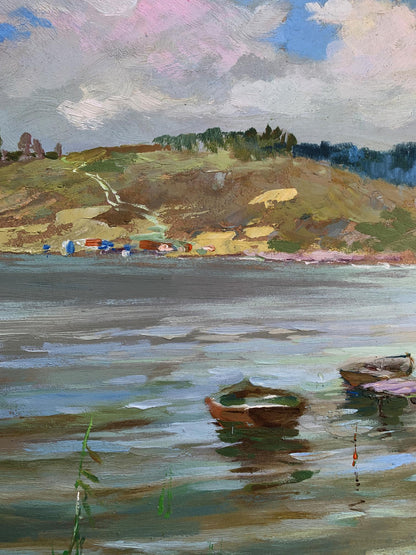 Rustic wooden rowboat with green interior in Yuriy Suprunchuk oil painting