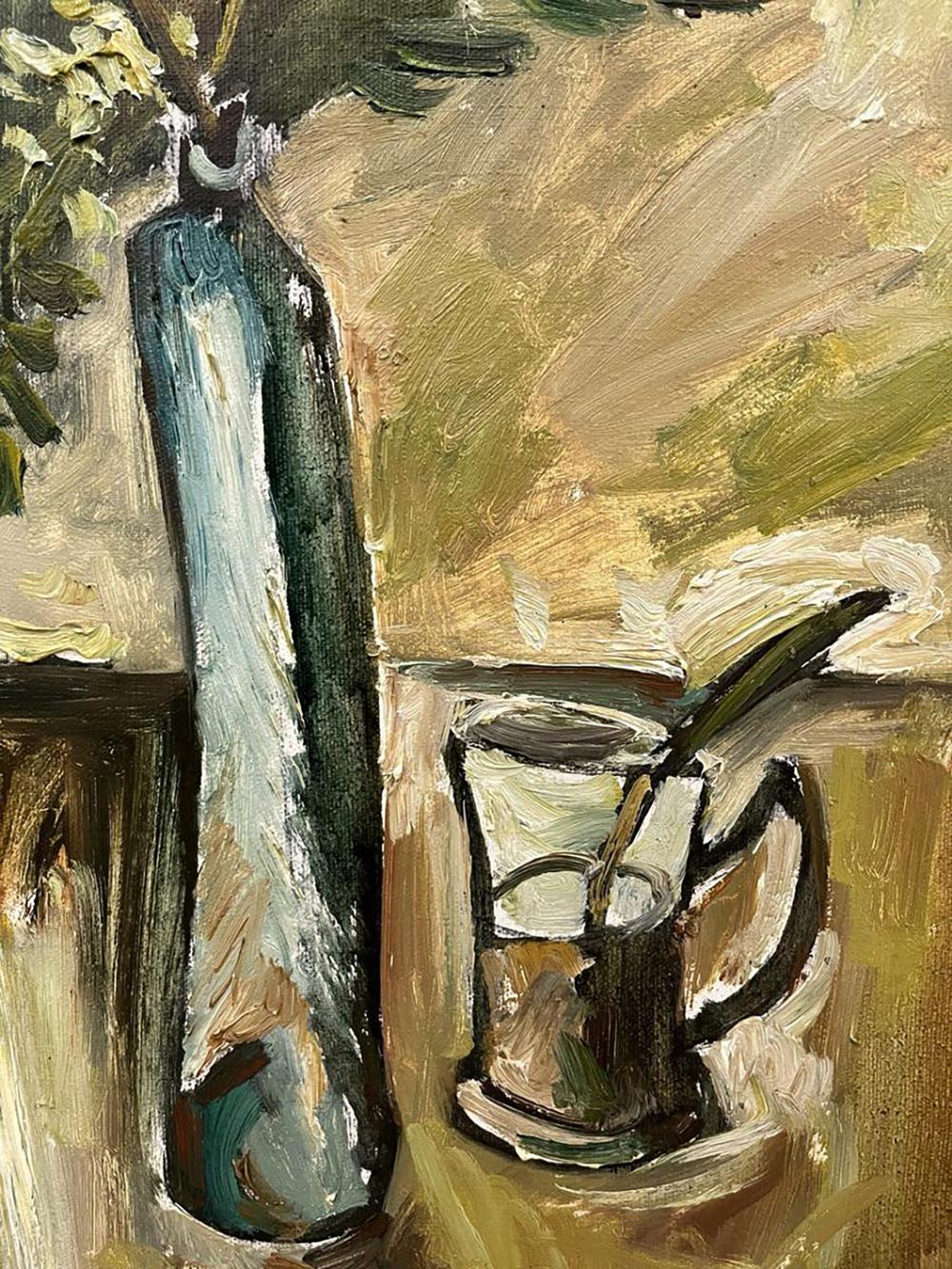 Tall blue-green glass vase in Oleksandr Andreev acacia still life painting