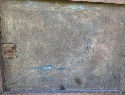 Back of Oil painting Days at the Well with weathered faded canvas
