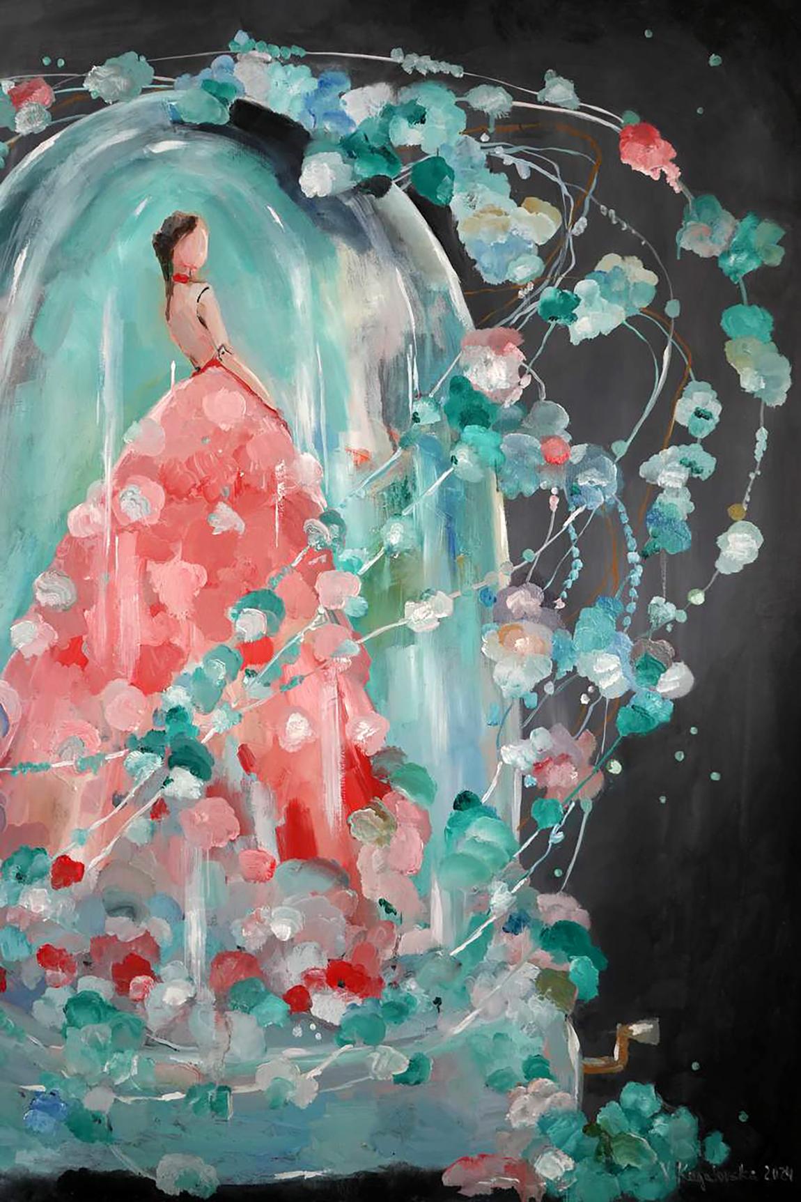 Oil painting by Doll Victoria Kagalovska: woman in coral floral gown under blossom arch