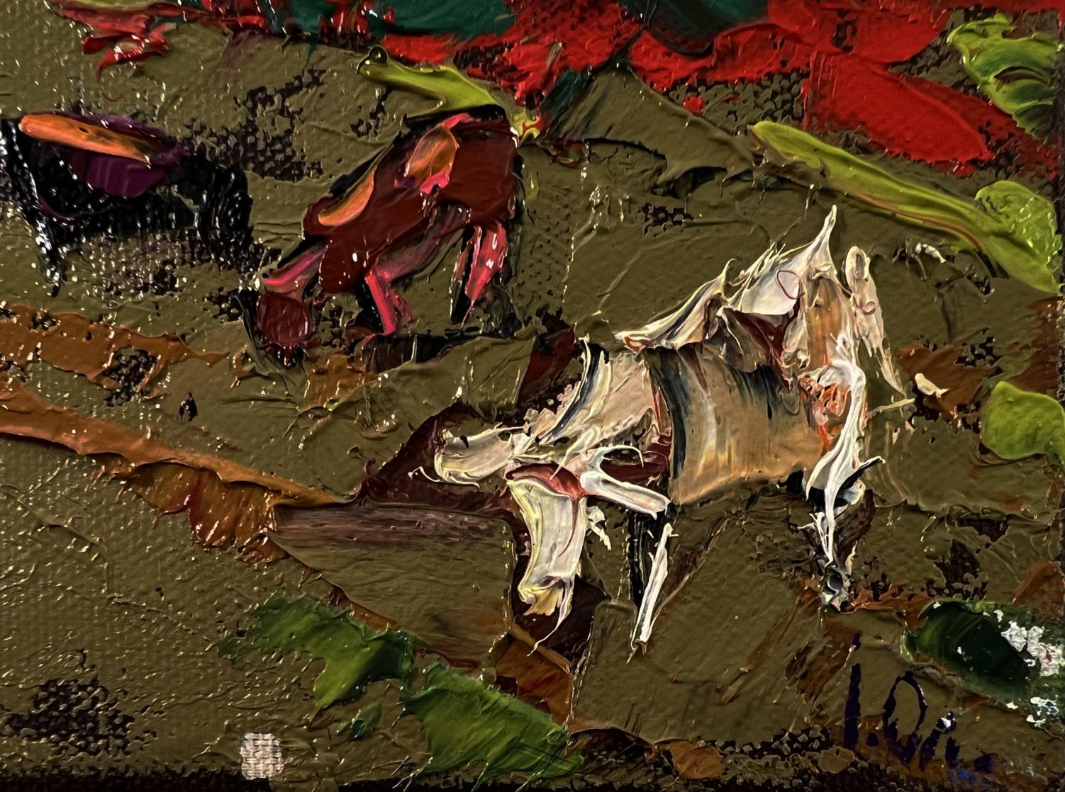 Oil painting Autumn Evening by Oleksiy Ivanyuk, textured abstract red green brown impasto