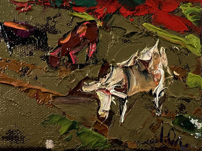 Oil painting Autumn Evening by Oleksiy Ivanyuk, textured abstract red green brown impasto