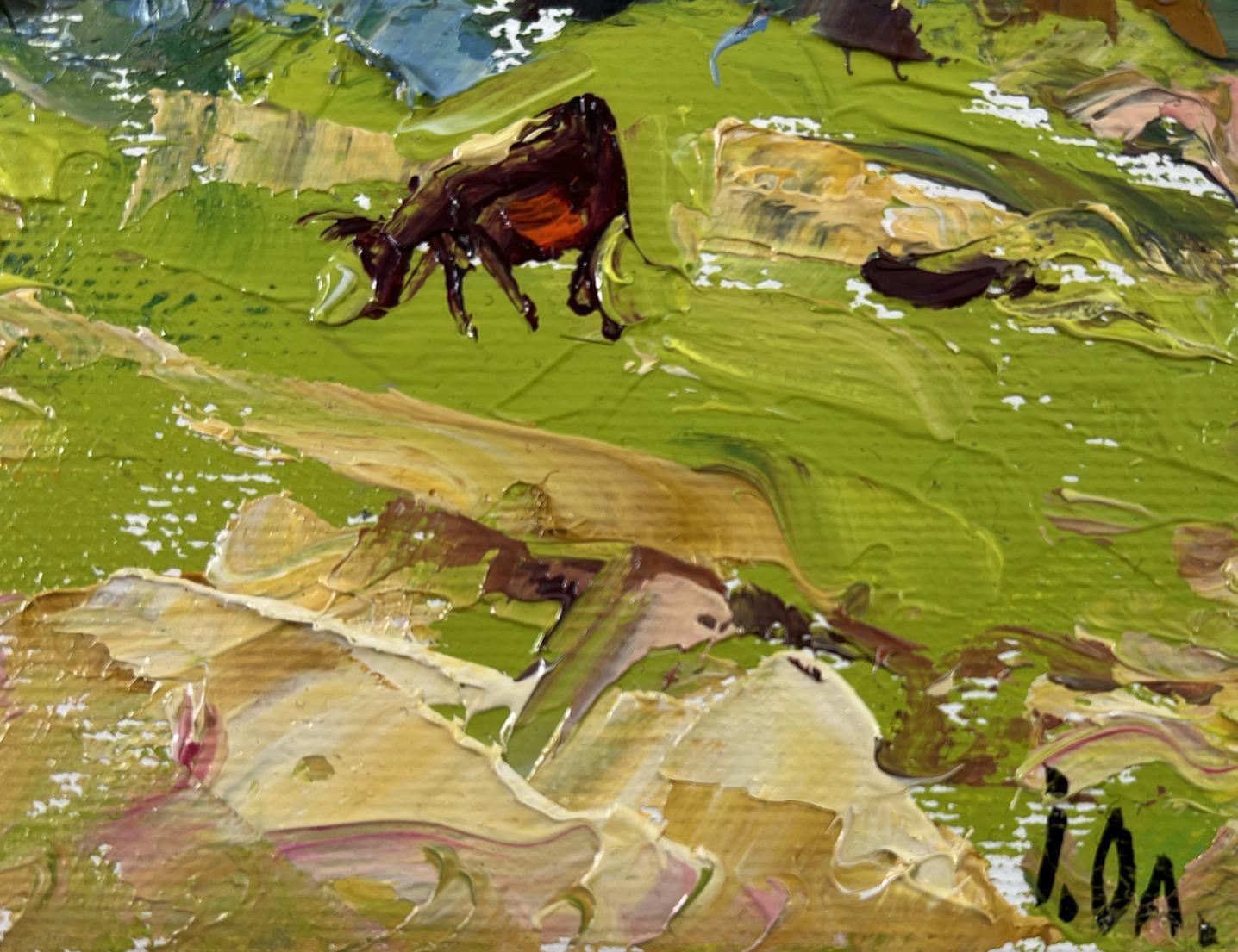 Oil painting Whispers of the Morning by Oleksiy Ivanyuk: dark brown cow