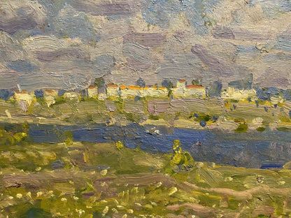 Impressionistic oil painting of young birch trees by water, Georgy Kolosovsky