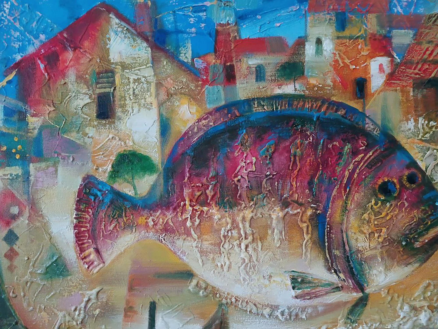 Abstract oil painting Big fish by Anatoly Tarabanov, vibrant pink blue scales