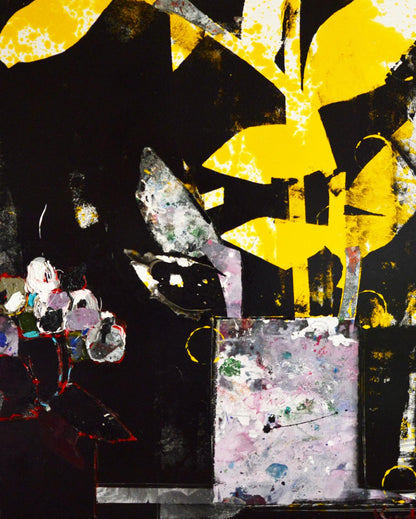 Oil painting of indoor plants by Natalia Korf-Ivaniuk, abstract yellow black shapes