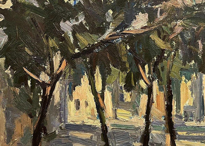 Impressionistic oil painting by Oleg Kravets of trees framing sunlit path