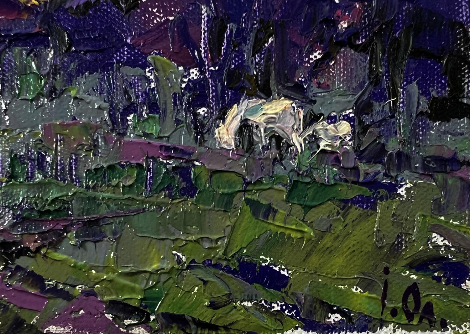 Oil painting Bright blue night by Oleksiy Ivanyuk: pale yellow horse in green foliage under purple sky