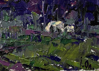 Oil painting Bright blue night by Oleksiy Ivanyuk: pale yellow horse in green foliage under purple sky