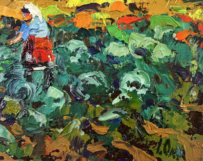 Vibrant Oleksiy Ivanyuk oil painting The beds smell like home with figure in blue red amid green foliage