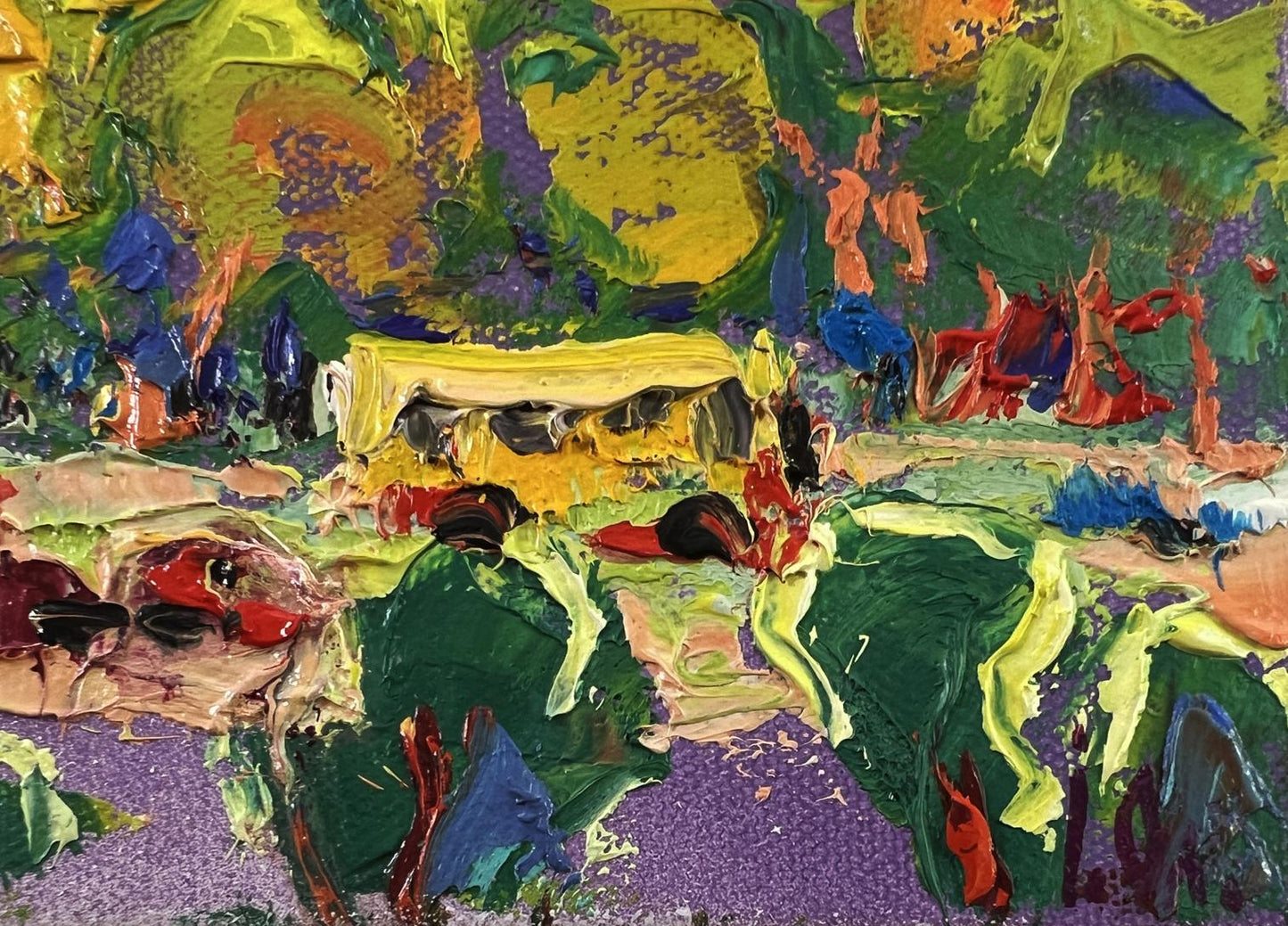 Vibrant yellow bus in impasto oil painting Morning city by Oleksiy Ivanyuk