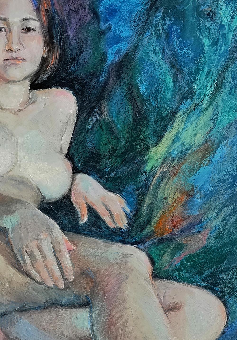 Impressionistic oil painting of mermaid-like female figure by Oksana Osnach
