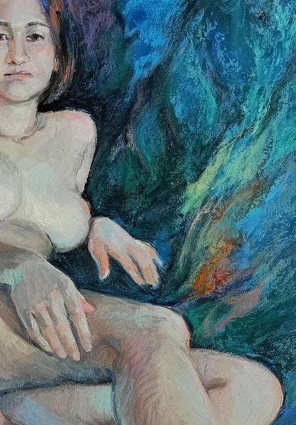 Impressionistic oil painting of mermaid-like female figure by Oksana Osnach