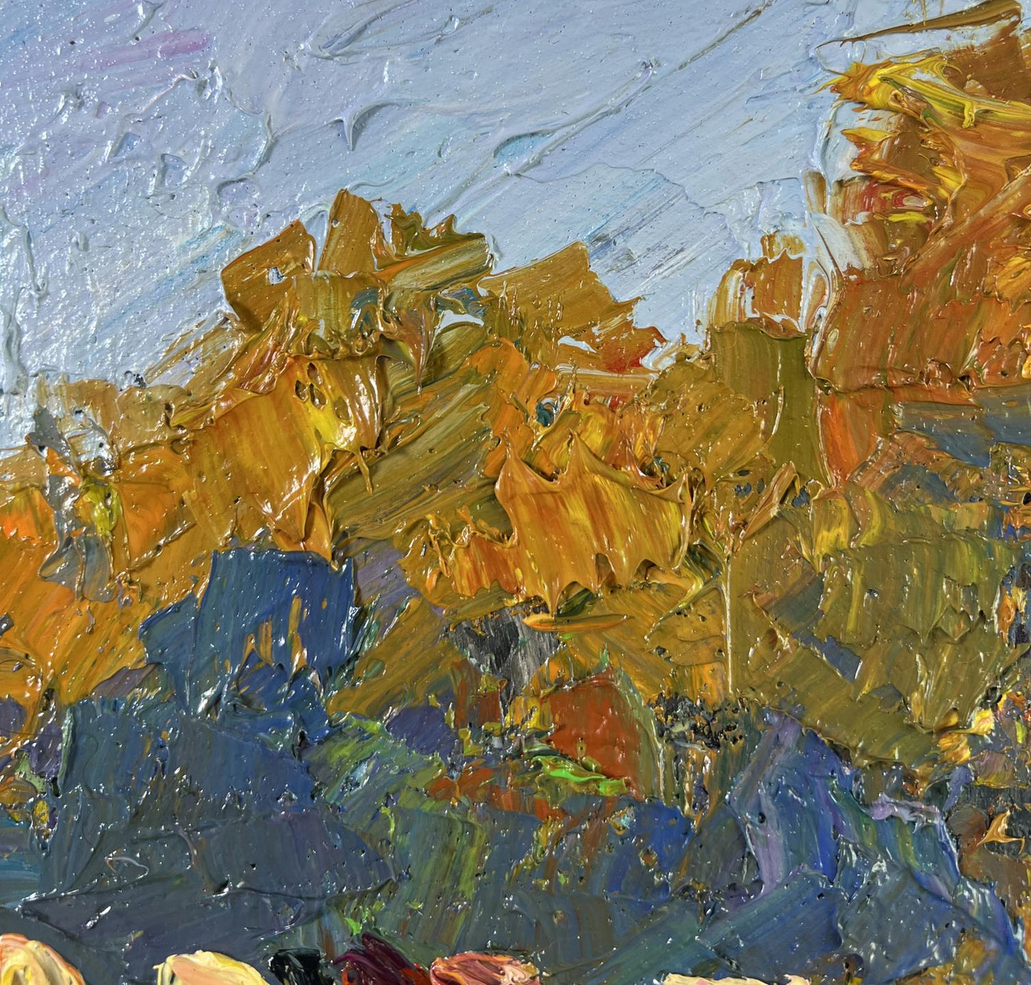 Impasto oil painting of cows on pasture by Boris Serdyuk with vibrant foliage