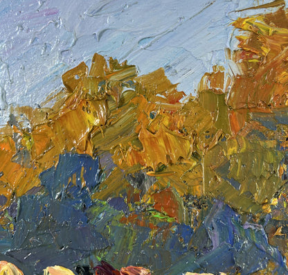 Impasto oil painting of cows on pasture by Boris Serdyuk with vibrant foliage