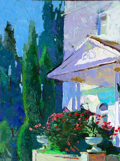 Vibrant impressionist oil painting Summer sketch by Egor Shvachunov: white house with purple accents, green trees, red flowers