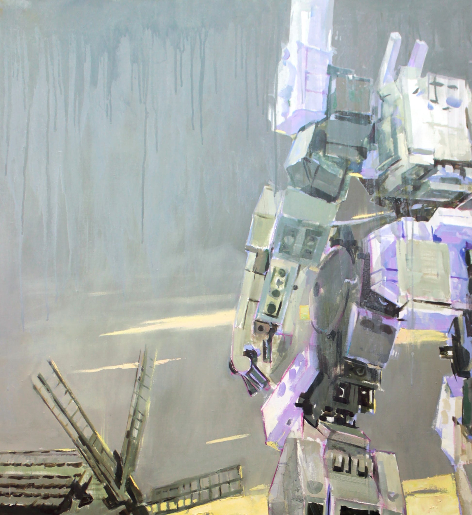 Oil painting Silence by Ed Potapenkov: stylized gray purple robot