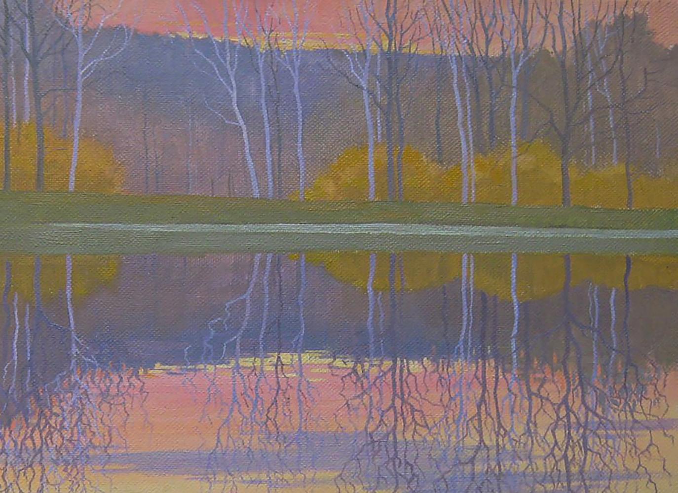 Oil painting Evening November by the river by Valery Savenets serene birch landscape