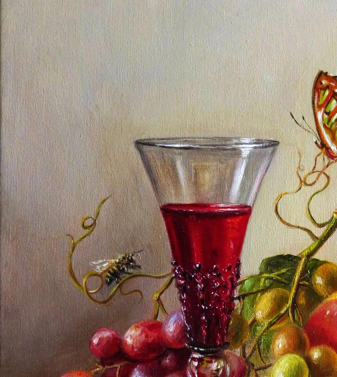 Oil painting Fruity notes Valeriy Bulat: goblet with faceted base, deep red wine